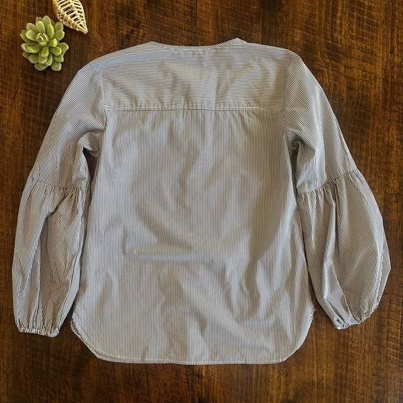 Elliot Lauren | Pinstripe Collarless Button Down Shirt with Lantern Sleeve - Picture 2 of 8